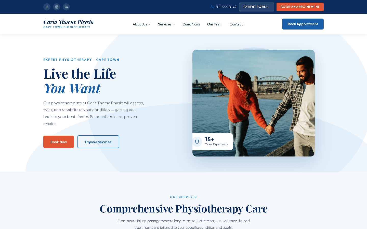 Homepage of the Carla Thorne Physio website built by AnswerLoop — Health & Wellness in Cape Town