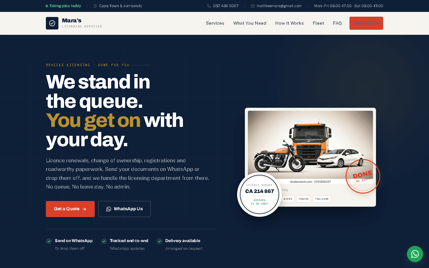 Homepage of the Mara's Licensing Services website built by AnswerLoop — Vehicle Licensing in Cape Town